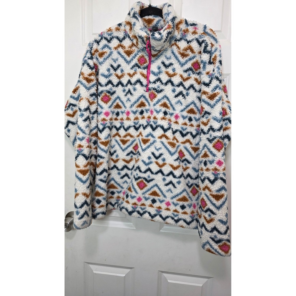 Eddie Bauer Fleece Pullover Women XXL White Geometric Aztec Faux Fur Quarter